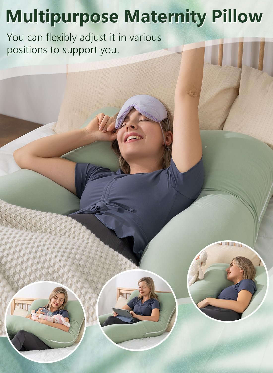 Meiz Pregnancy Pillows for Sleeping, Cooling Pregnancy Pillows, 60Inch Maternity Pillows, U Shaped Full Body Pillows for Adults with Rayon Cover from Bamboo, Sage Green - Image 8