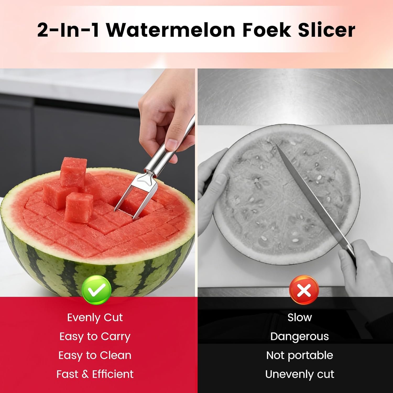 2-in-1 Stainless Steel Fruit Cutter, 2026 New Watermelon Fork Slicer Tool, Dual Head Watermelon Cutter Knife for Home Kitchen Gadget (1pcs) - Image 4
