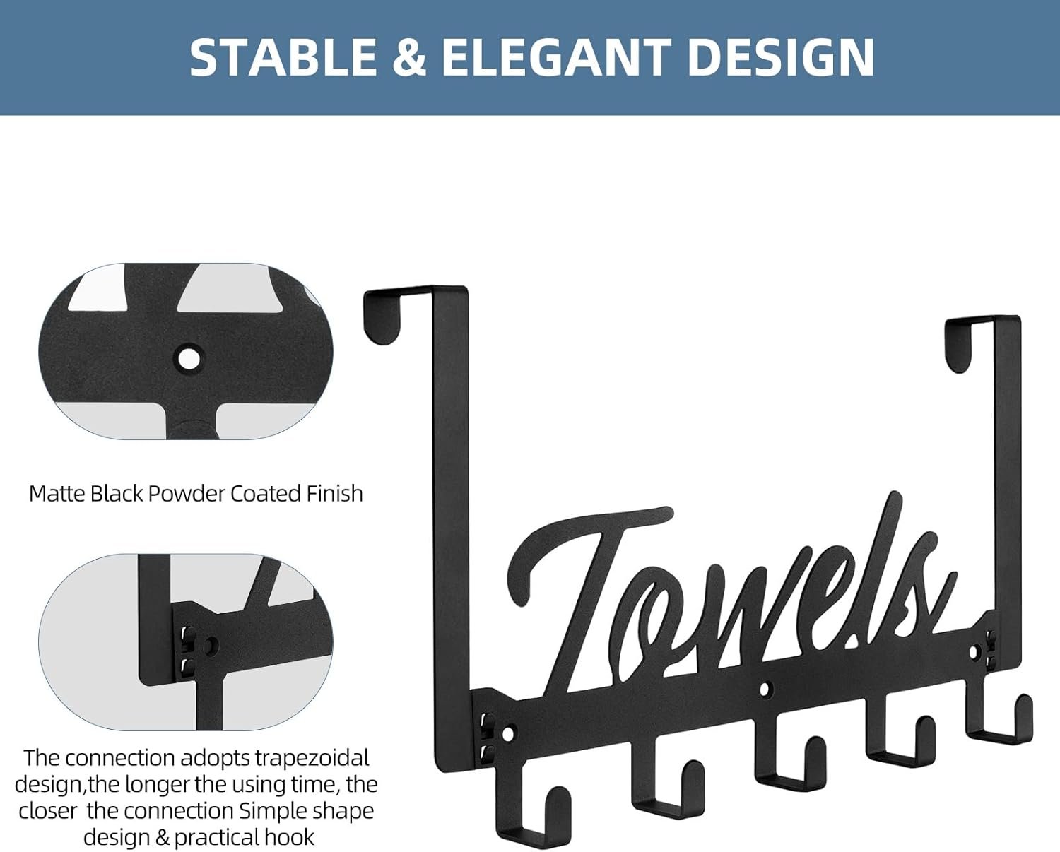 Over The Door Hooks, Towel Rack Towel Hooks for Bathroom, Towel Holder for Hanging Heavy Duty, Door Rack Over Door Hanger with 5 Coat Hooks for Bedroom Bathroom Kitchen, Black - Image 3