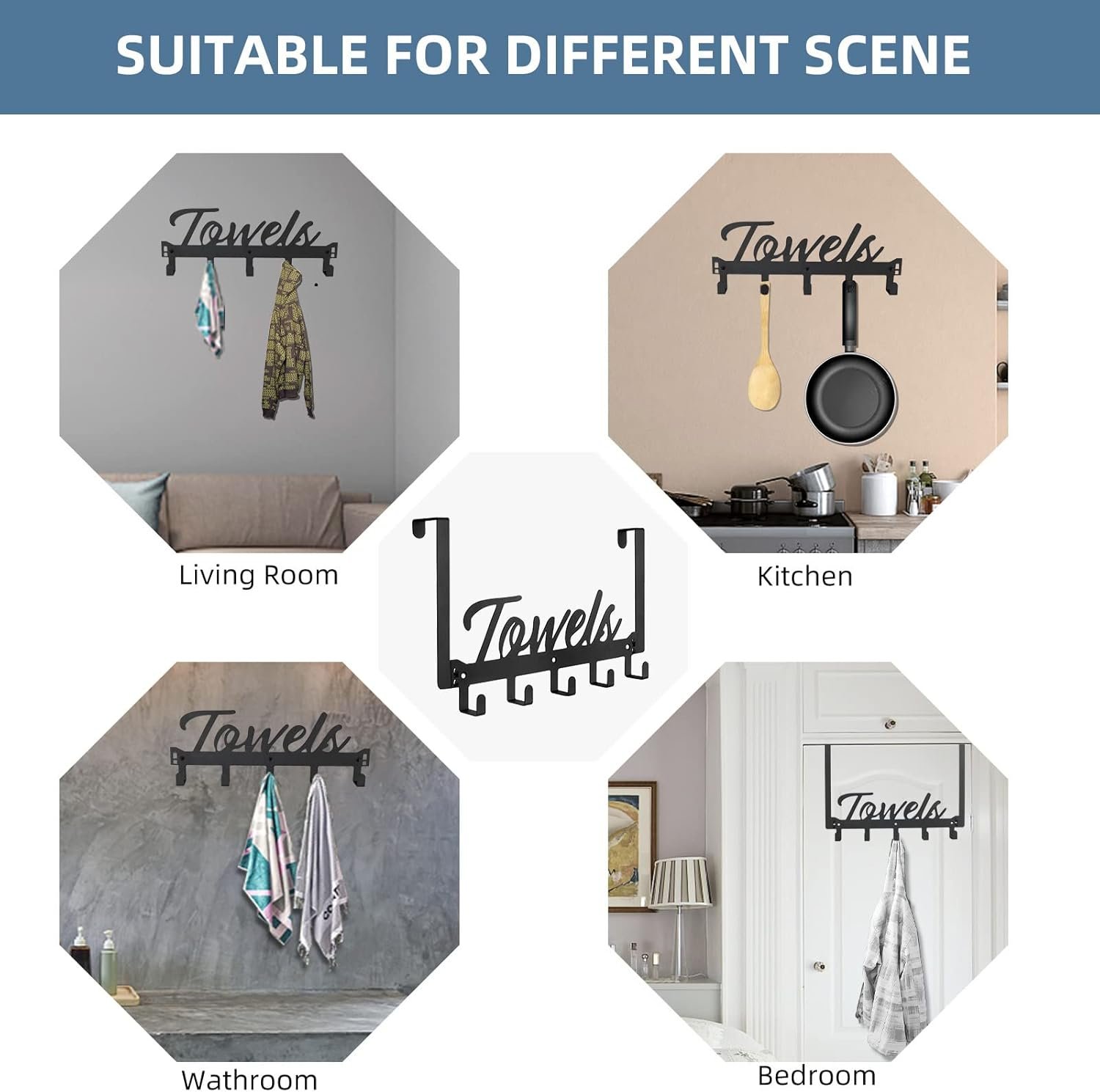 Over The Door Hooks, Towel Rack Towel Hooks for Bathroom, Towel Holder for Hanging Heavy Duty, Door Rack Over Door Hanger with 5 Coat Hooks for Bedroom Bathroom Kitchen, Black - Image 6