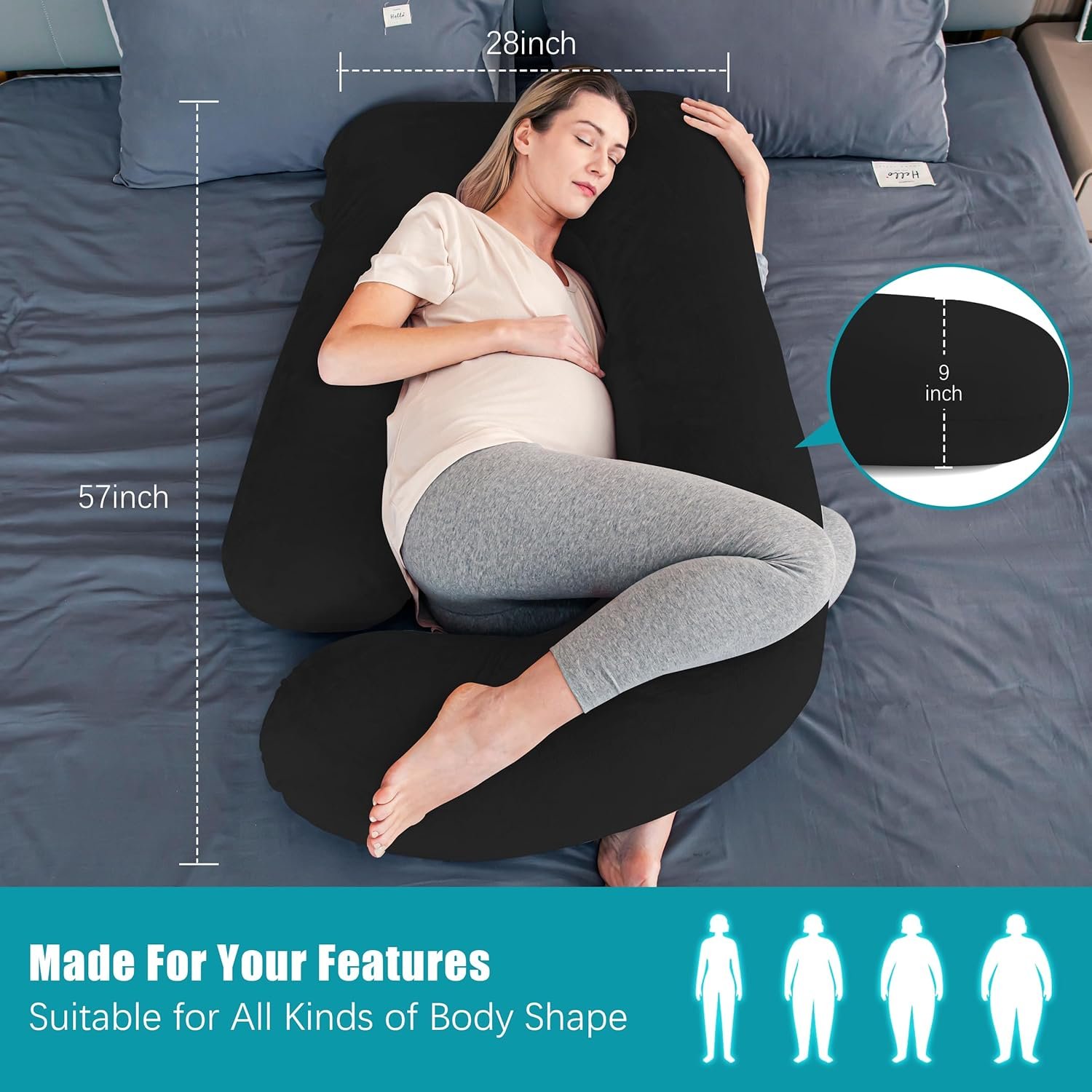 Cute Castle Pregnancy Pillows, Soft U-Shape Maternity Pillow with Removable Cover - Full Body Pillows for Adults Sleeping - Pregnancy Must Haves - Jumbo 57 Inch - Black - Image 3