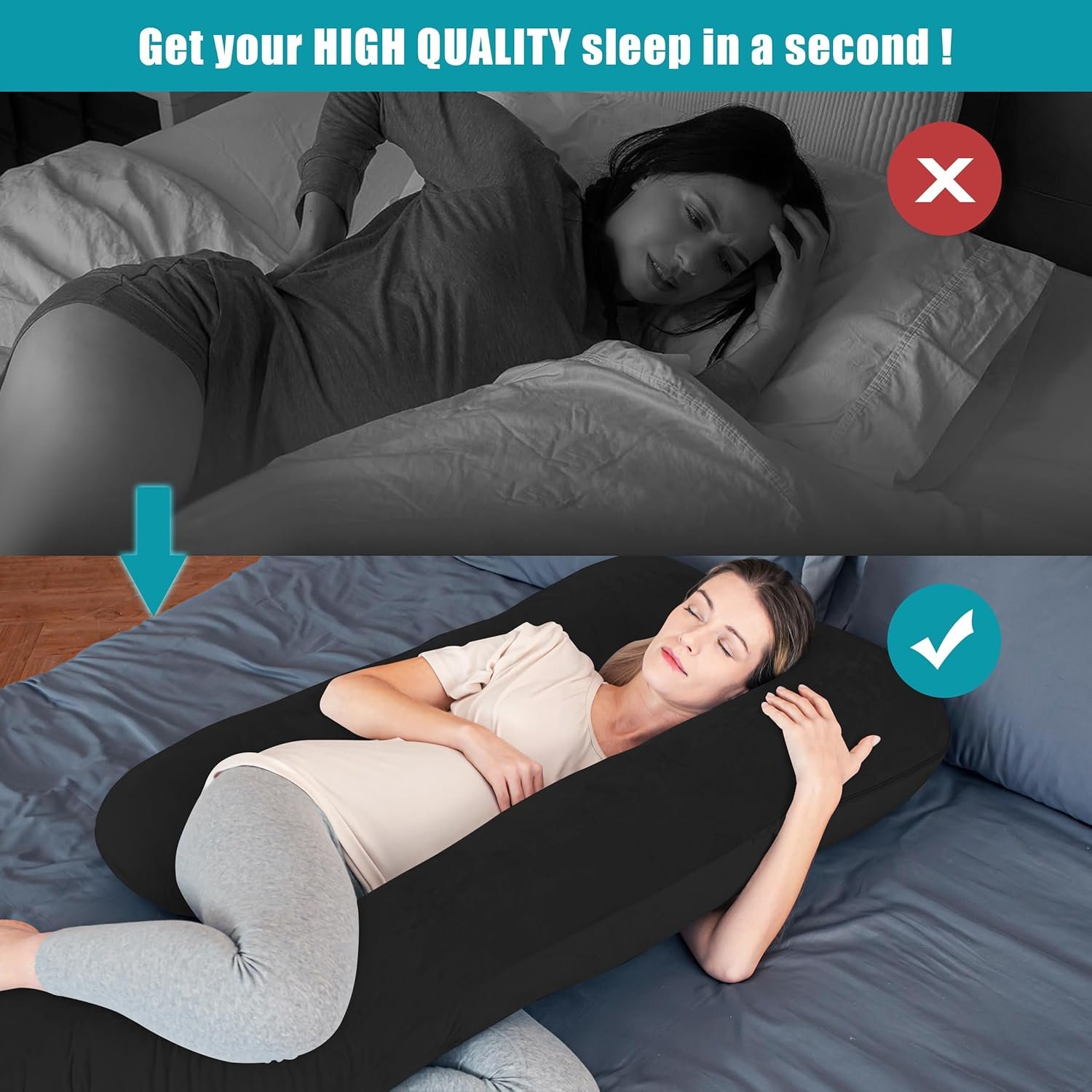Cute Castle Pregnancy Pillows, Soft U-Shape Maternity Pillow with Removable Cover - Full Body Pillows for Adults Sleeping - Pregnancy Must Haves - Jumbo 57 Inch - Black - Image 5