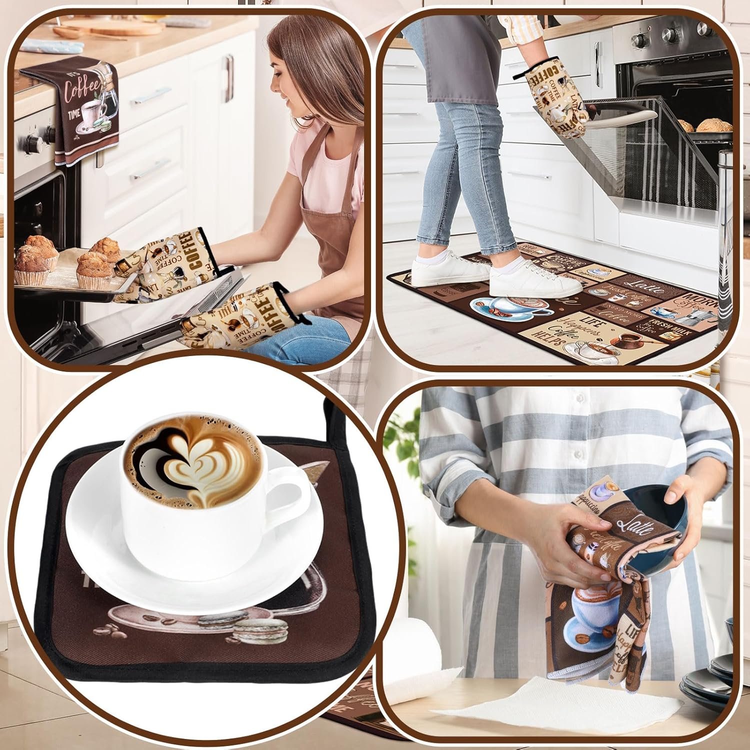 10 Pcs Coffee Kitchen Decor and Accessories Coffee Oven Mitts and Pot Holders Set Dish Towels Farmhouse Kitchen Decor Vintage Brown Gloves for Chef Baking Cooking Grilling BBQ Women Gift - Image 3