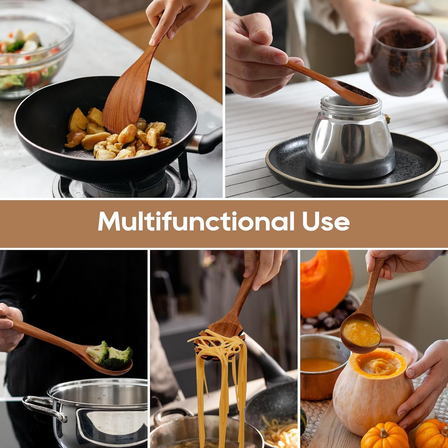 Wooden Spoons for Cooking, Nonstick Kitchen Utensils Set with 4 Piece Measuring Spoons, Comfort Grip Wooden Spatula Set, 9 Piece Teak Wooden Cooking Utensils with Holder and Spoon Rest - Image 7