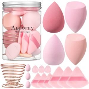 17PCS Makeup Sponge Set with 6PCS Powder Puff, 3PCS Mini Makeup Sponges, 3PCS Foundation Mini Make Up Sponge Puff and 1PCS Make Up Sponges Holder (Pink)