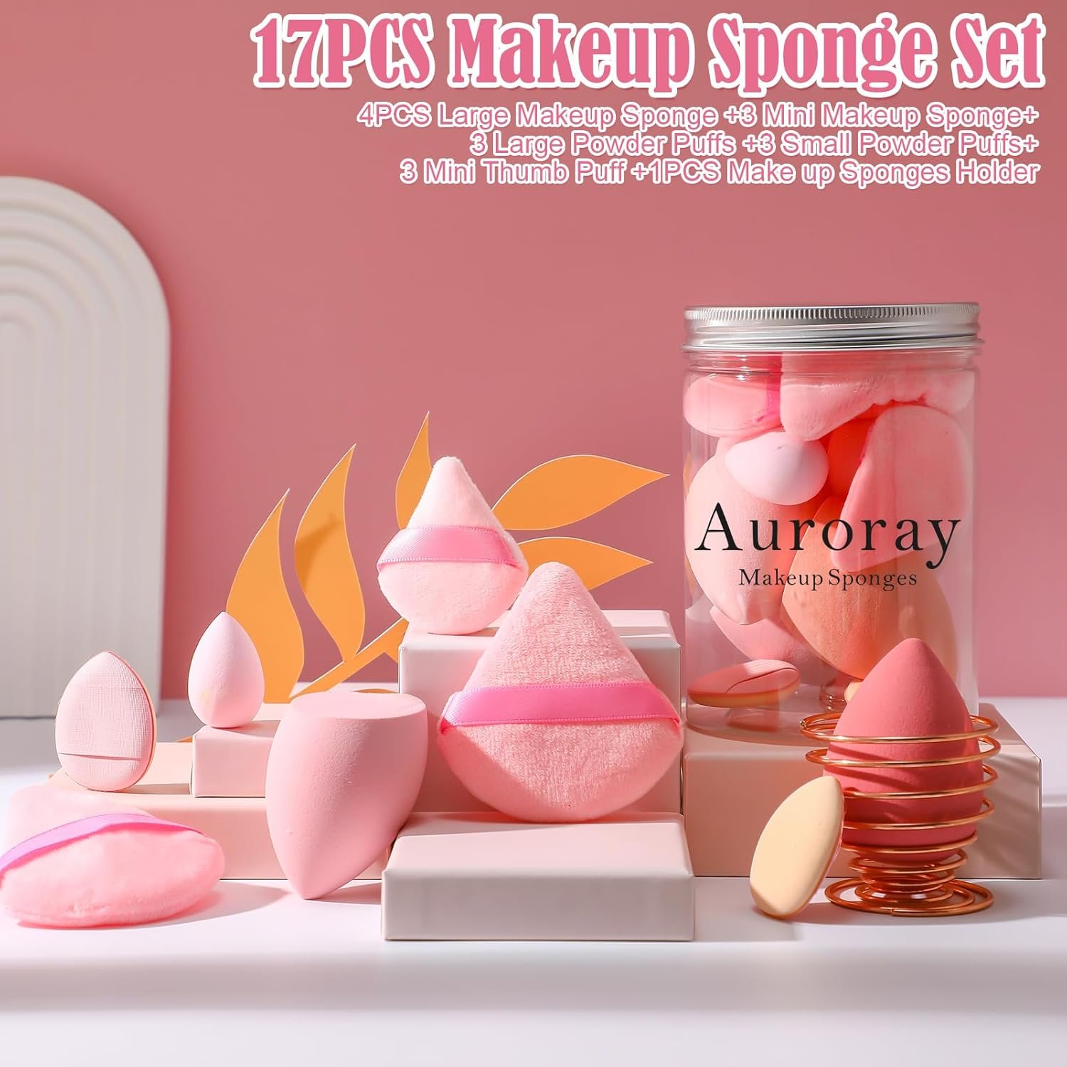17PCS Makeup Sponge Set with 6PCS Powder Puff, 3PCS Mini Makeup Sponges, 3PCS Foundation Mini Make Up Sponge Puff and 1PCS Make Up Sponges Holder (Pink) - Image 2