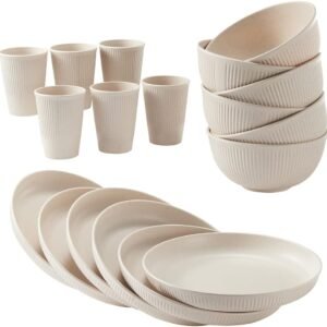 18pcs Wheat Straw Dinnerware Sets HXYPN Unbreakable Reusable Dinnerware Set Kitchen Cups Plates and Bowls Sets Dishwasher Microwave Safe Plates