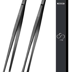 2 Pcs 12-inch Cooking Tweezers Tongs Precision Serrated Tips, Stainless Steel Professional Chef Tweezer Kitchen Tools for BBQ, Plating and Serving (Black)