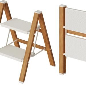 2-Step Aluminum Ladder,Lightweight Folding Step Stool with Extra-Wide Anti-Slip Steps,330 lbs Capacity,Compact Space-Saving Design for Home,Kitchen and Office（White&Woodgrain）