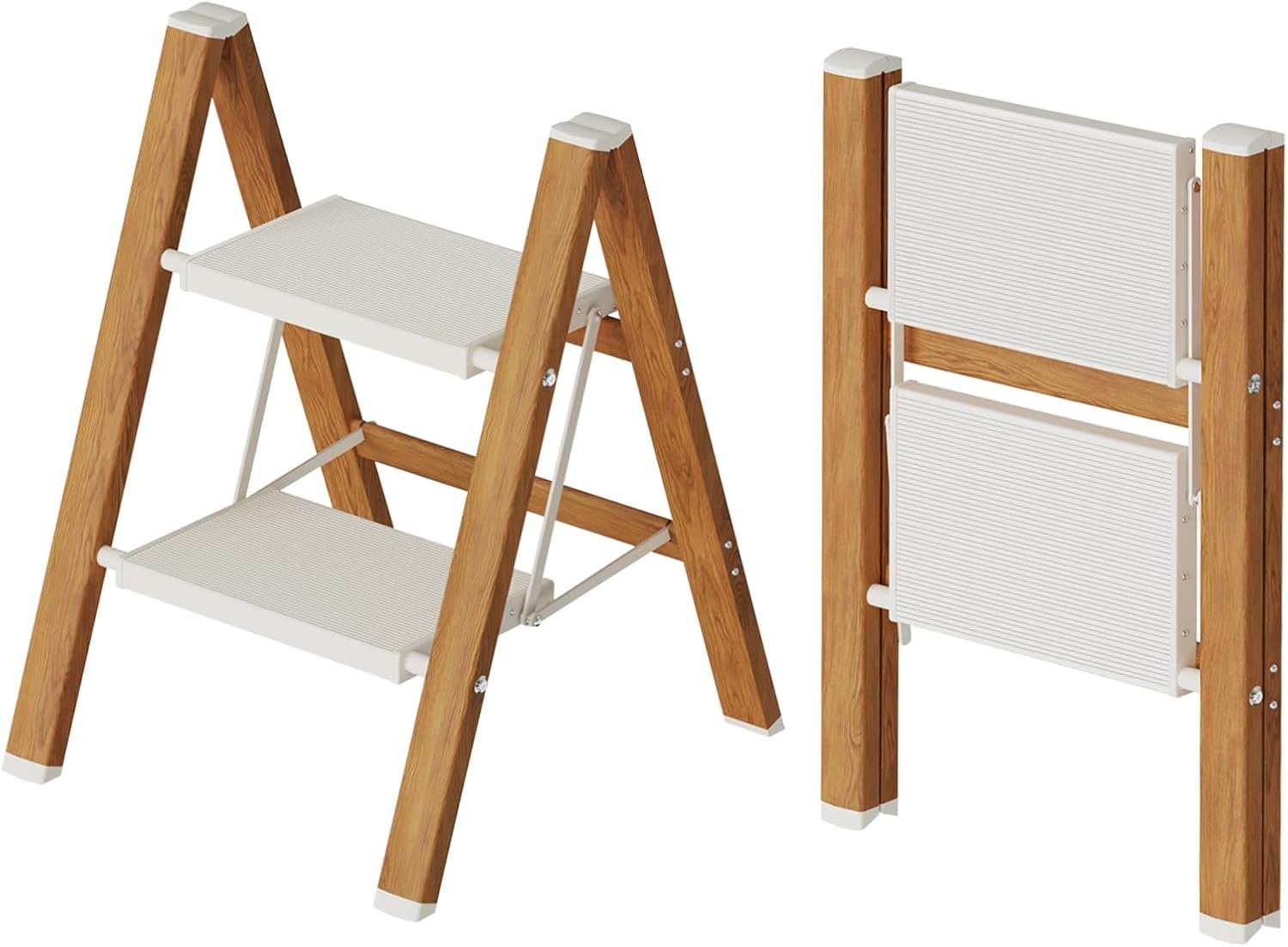 2-Step Aluminum Ladder,Lightweight Folding Step Stool with Extra-Wide Anti-Slip Steps,330 lbs Capacity,Compact Space-Saving Design for Home,Kitchen and Office(White&Woodgrain)