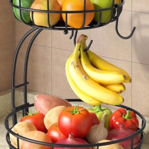 2 Tier Large Fruit Basket for Kitchen Counter with Removable Banana Hanger - Sturdy Iron Fruit Bowl for Kitchen Counter and Vegetable Holder, Fruit Holder for Kitchen Countertop, Black