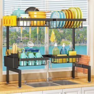 2 Tiers 4 Baskets (one More Than Others) Over The Sink Dish Drying Rack,fits All Sinks (from 24.8" to 35.4"),2-Tier Adjustable Sink Rack,Dishes Rack Kitchen Storage Organizer Space Saving