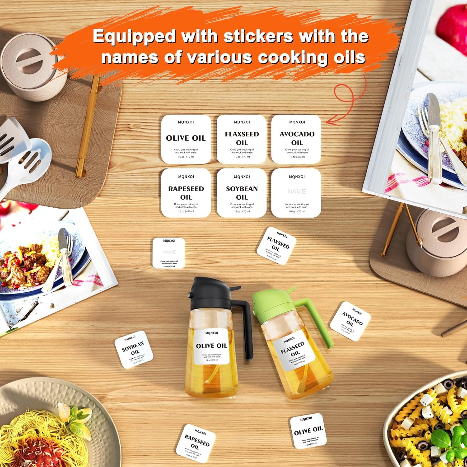 2 in 1 Glass Oil Sprayer & Dispenser,16oz/470ml Olive Cooking, Air Fryer, and Salad, for Kitchen Gadgets and Air Fryer Accessories, w/Stickers (Black) - Image 2