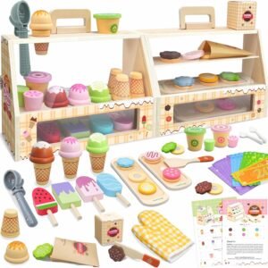 2 in 1 Portable Wooden Ice Cream Toy & Cookie Play Set (63pcs), Slice and Bake Cookies, Scoop and Serve Ice Cream Counter with Pretend Play Food, Play Kitchen Accessories, Kids Gift Ages 3+