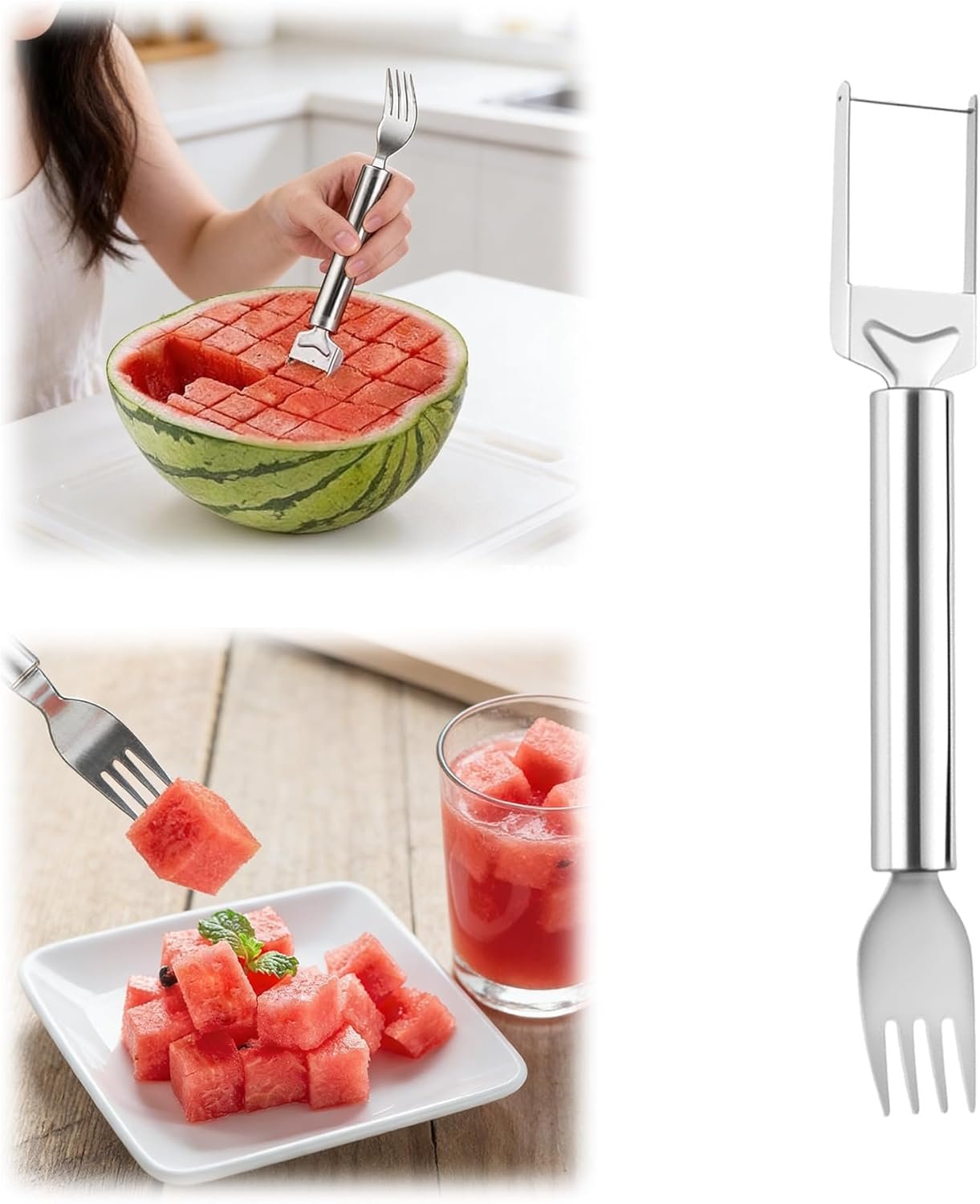 2-in-1 Stainless Steel Fruit Cutter, 2026 New Watermelon Fork Slicer Tool, Dual Head Watermelon Cutter Knife for Home Kitchen Gadget (1pcs)
