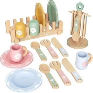20 PCS Kitchen Playset with Wooden Toy Plates and Dishes, Montessori Kitchen Toys for Girls and Boys, Wooden Play Kitchen Accessories for Kids Toddlers Aged 3 and up