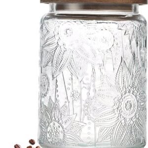 24 OZ Airtight Glass Storage Jar with Bamboo Lid - Vintage Glass Jar Vintage Food Containers Canisters Set for Kitchen Counter & Pantry - Ideal for Sugar, Flour, Coffee, Tea, Candy, Oats, Cereal