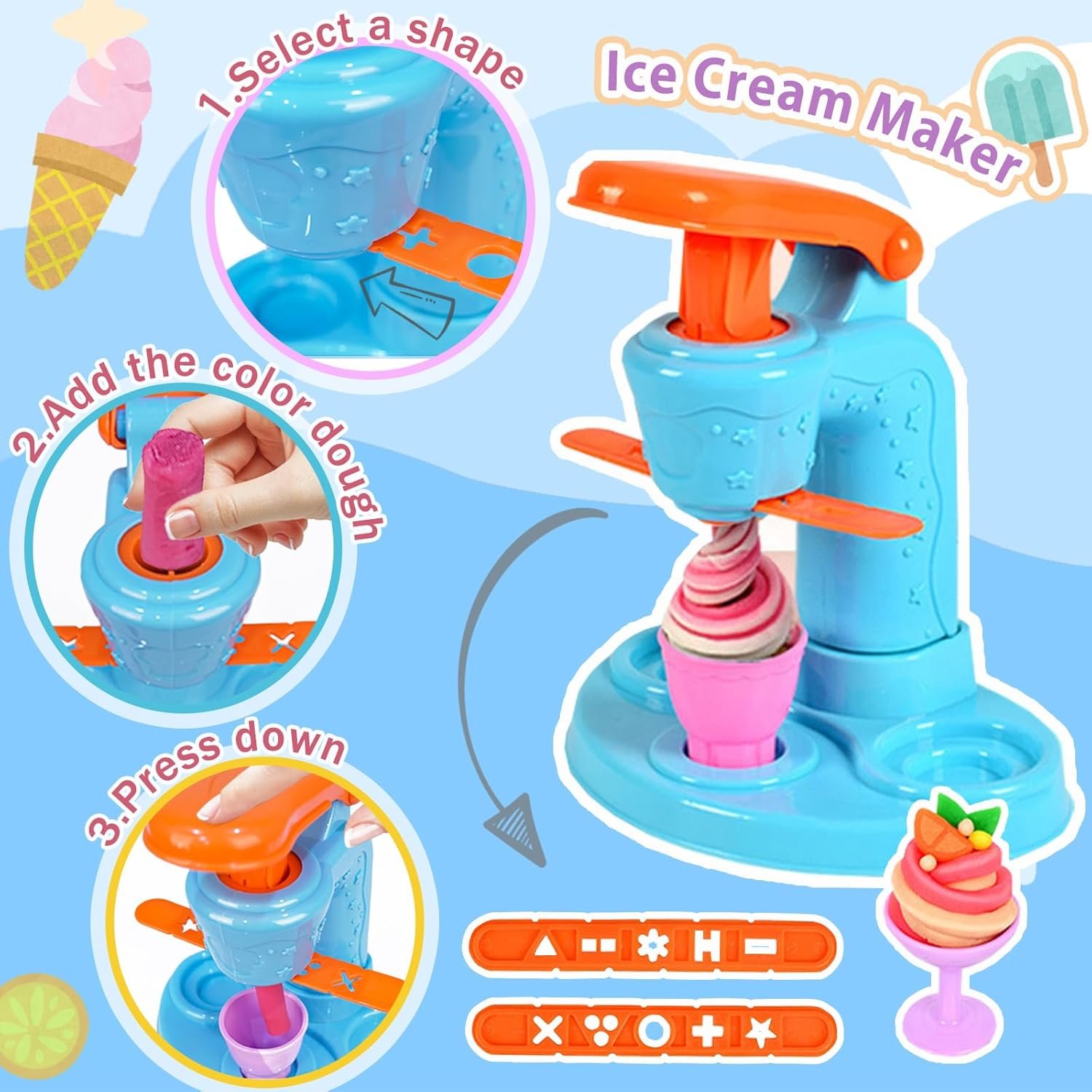 3 in 1 Color Dough Kitchen Creations Set, Ice Cream Spaghetti Burger Maker Machine, Art Crafts Food Modeling Toys, Accessories Tools Kit for Boys Girls Kids Toddlers Ages 3+ (12 Colors Dough) - Image 2