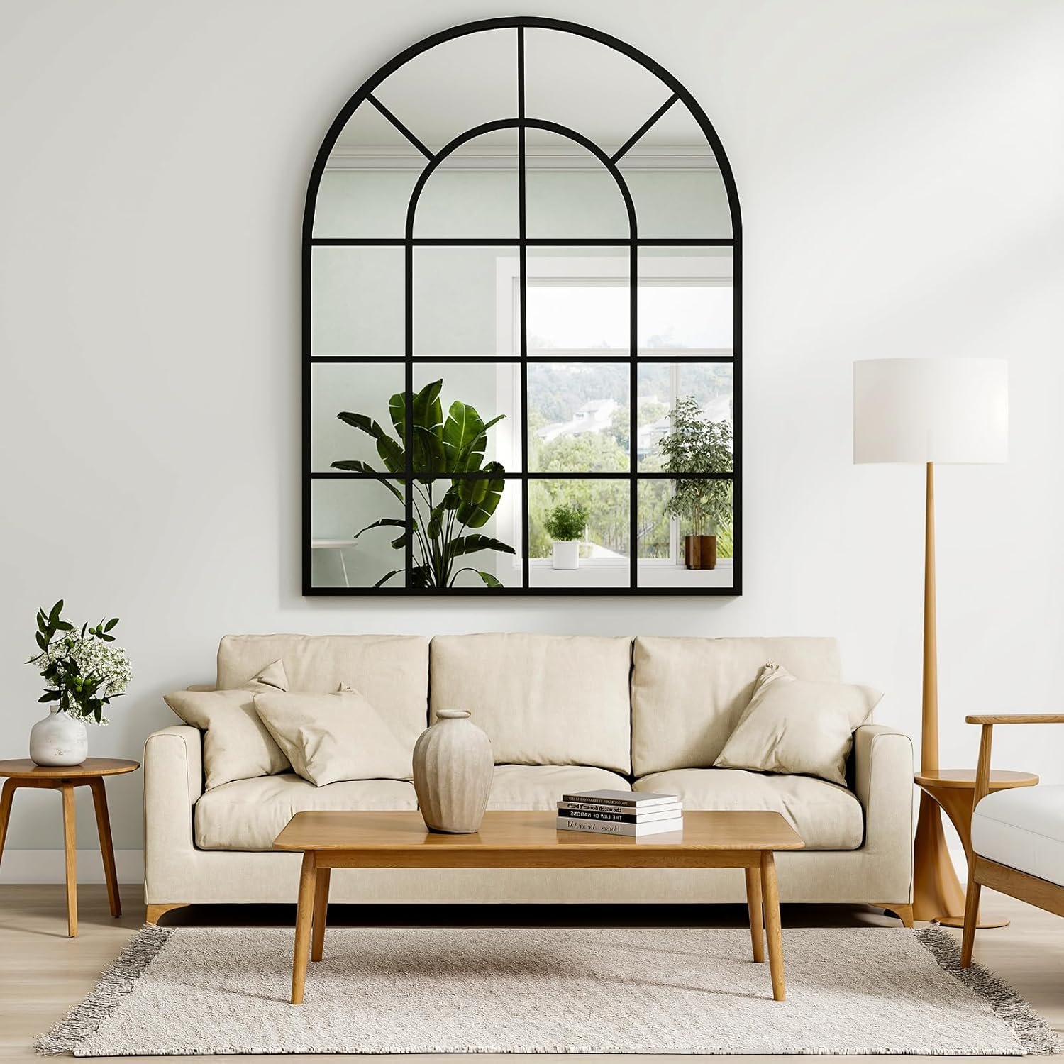 30"×40" Windowpane Arched Wall Mirror, Grid-Designed Decorative Farmehouse Wall Mounted Mirror with Metal Frame Hanging Leaning for Entryway, Living Room, Home Decor, Black - Image 2