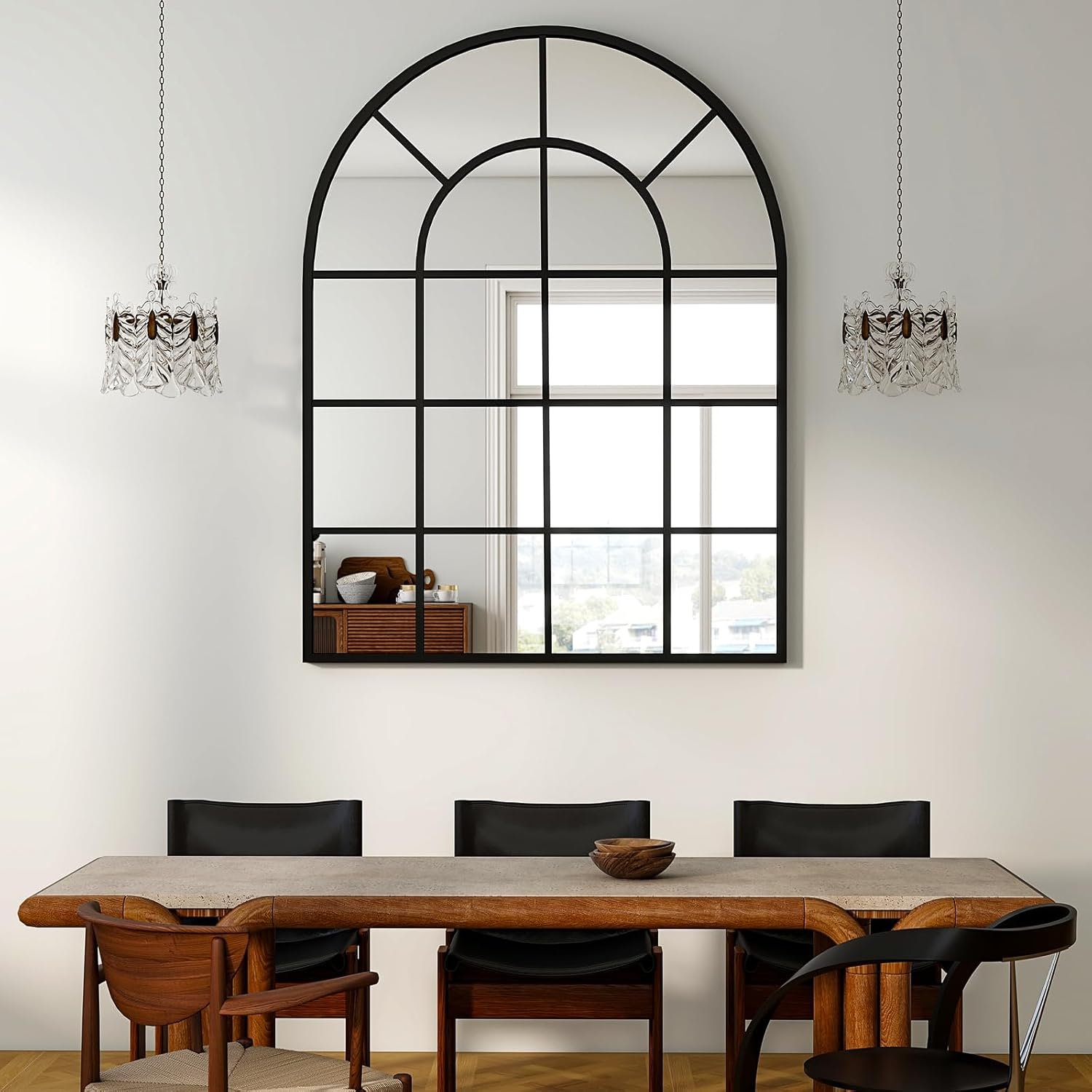 30"×40" Windowpane Arched Wall Mirror, Grid-Designed Decorative Farmehouse Wall Mounted Mirror with Metal Frame Hanging Leaning for Entryway, Living Room, Home Decor, Black