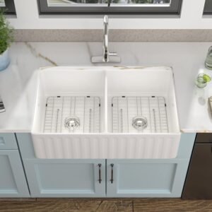 33 White Farm Sink Double Bowl - Fulorni 33"×20" Apron Front Farmhouse Sink Reversible Double Bowl 50/50 Ceramic Porcelain Fireclay Farmer Kitchen Sink Basin