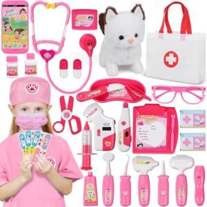 33Pcs Pet Doctor Kit for Toddlers - Dress Up Costume & Pretend Doctor Play Set with Cat Toy, Stethoscope, Portable Pet Vet Roleplay Toy, Christmas Birthday Gifts for Ages 3 4 5 6-8 Year Old Boys Girls