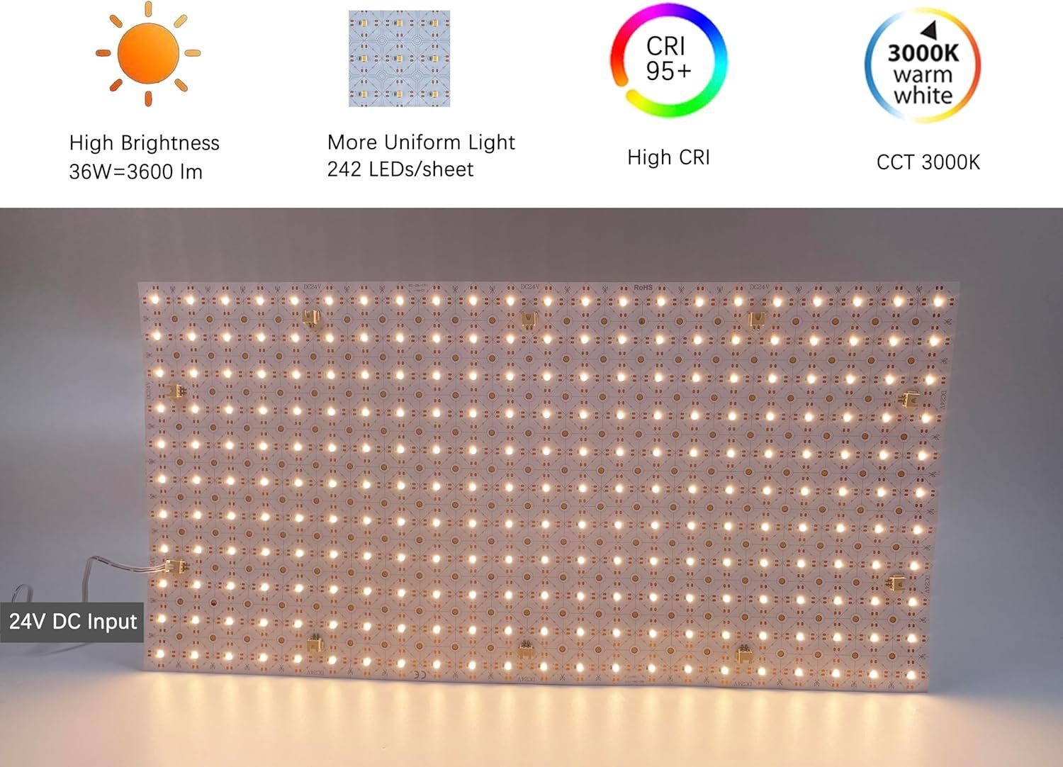 4-Pack LED Backlight Sheet 24V 36W 3000K Warm White, 19.3X9.6 inches Each Unit, Dimmable Flexible LED Panel Sheet for Backlit Translucent Stone/Marble/Onyx/Quartz Countertops Walls - Image 2