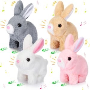 4 Pcs Interactive Bunny Toys for Kids 7" Easter Realistic Hopping Rabbit Plush Stuffed Electronic Walking Barking and Wagging Tail Bunny Toys for Birthday Easter Gift(Long Hair Rabbit)