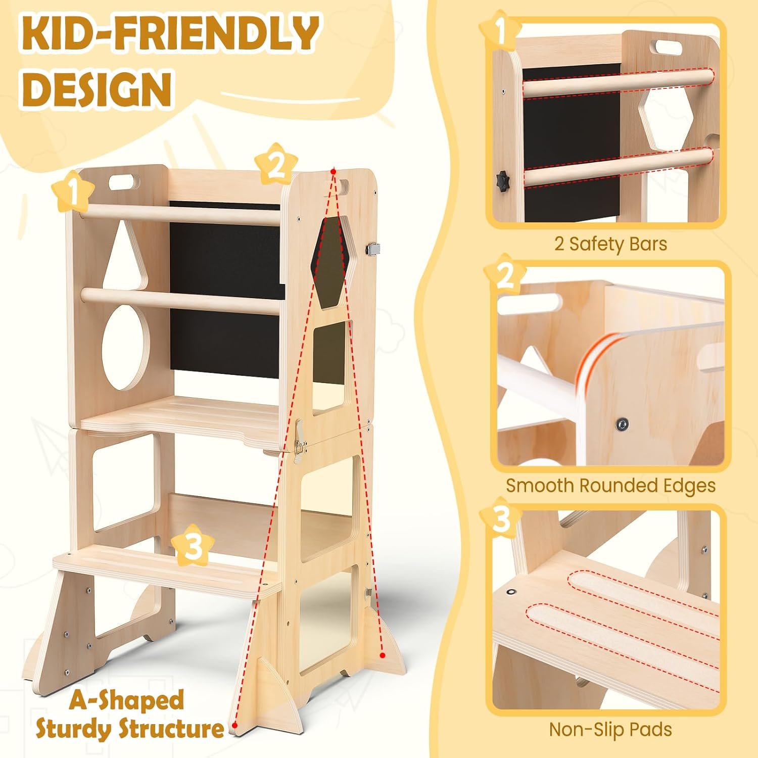 4-in-1 Toddler Kitchen Step Stool, Foldable Learning Standing Tower with Blackboard, Wooden Kitchen Stool Helper for Kids, 1-3 Year Old Boy Girl Gifts - Image 2