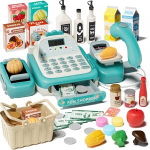 49Pcs Cash Register Toy Set for Kids, Pretend Play Grocery Store Cashier Playset with Conveyor Belt, Scanner, Weighing Scale, Calculator & Microphone, Toys Gift for Toddlers Ages 3-8 (Green)