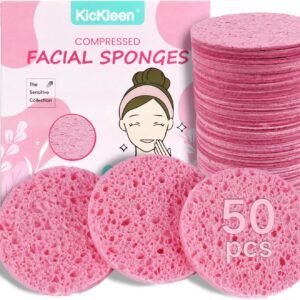 50-Count Compressed Facial Sponges|Kickleen 100% Natural Cellulose Cosmetic Spa Sponges for Daily Facial Cleansing|Makeup and Mask Removal|Exfoliating|Skin Massage|Pore Exfoliation (50 Count (Pink))