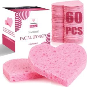 60-Count Compressed Facial Sponges, 100% Natural Cosmetic Spa Sponges for Facial Cleansing, Exfoliating Mask (Pink Heart)