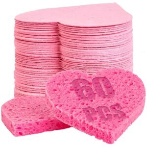 60-Count Compressed Facial Sponges | Makeup Remover Sponge | 100% Natural Cosmetic Spa Sponges for Facial Cleansing | Exfoliating Mask | Face Scrubber (Heart)