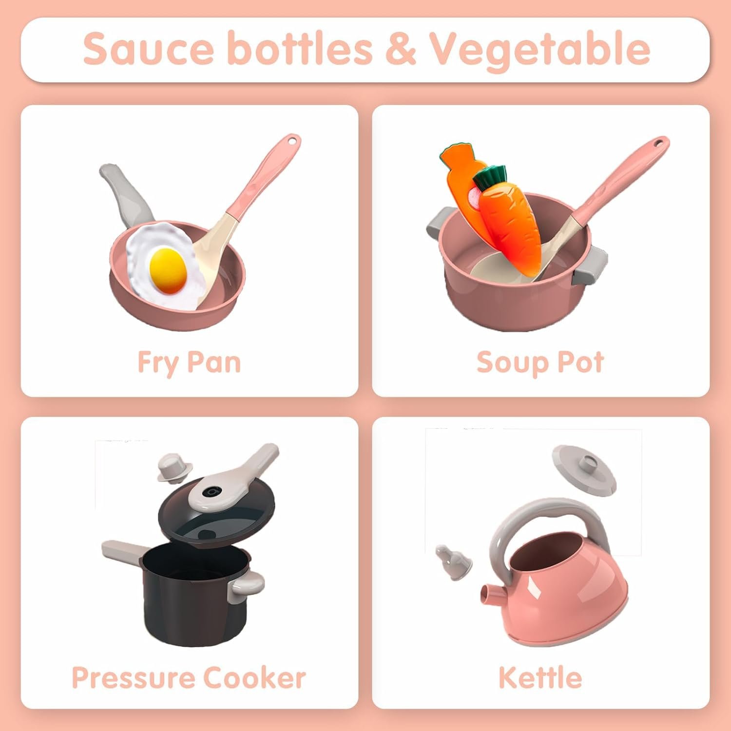 61Pcs Kids Kitchen Toy Accessories Set, Toddler Pretend BBQ Cooking Playset with Pots and Pans, Utensils Cookware, Cut Play Food Set, Toy Vegetables, Play Kitchen for Girls and Boys (Pink) - Image 2