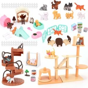 67 PCS Cat and Dog Pet Figurine Playset, Pretend Play Toy for Kids Creative DIY Realistic Detailed, Educational Gift for Kids, Toddlers, Boys and Girls