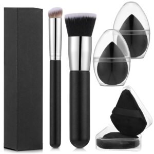 6Pcs Foundation Brush for Liquid Makeup,Liquid Foundation Brush with Makeup Sponge and Powder Puff for Foundation, Powder, Blush, and Concealer(Black)
