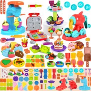 75 PCS 4 in 1 Dough Sets for Kids Ages 3-4-8, Art Crafts Dough Tools Kit, Ice Cream Playset Noodle Hamburger Maker Machine Dessert Rack, Kitchen Creations Food Play Toys Toddlers Boys Girls