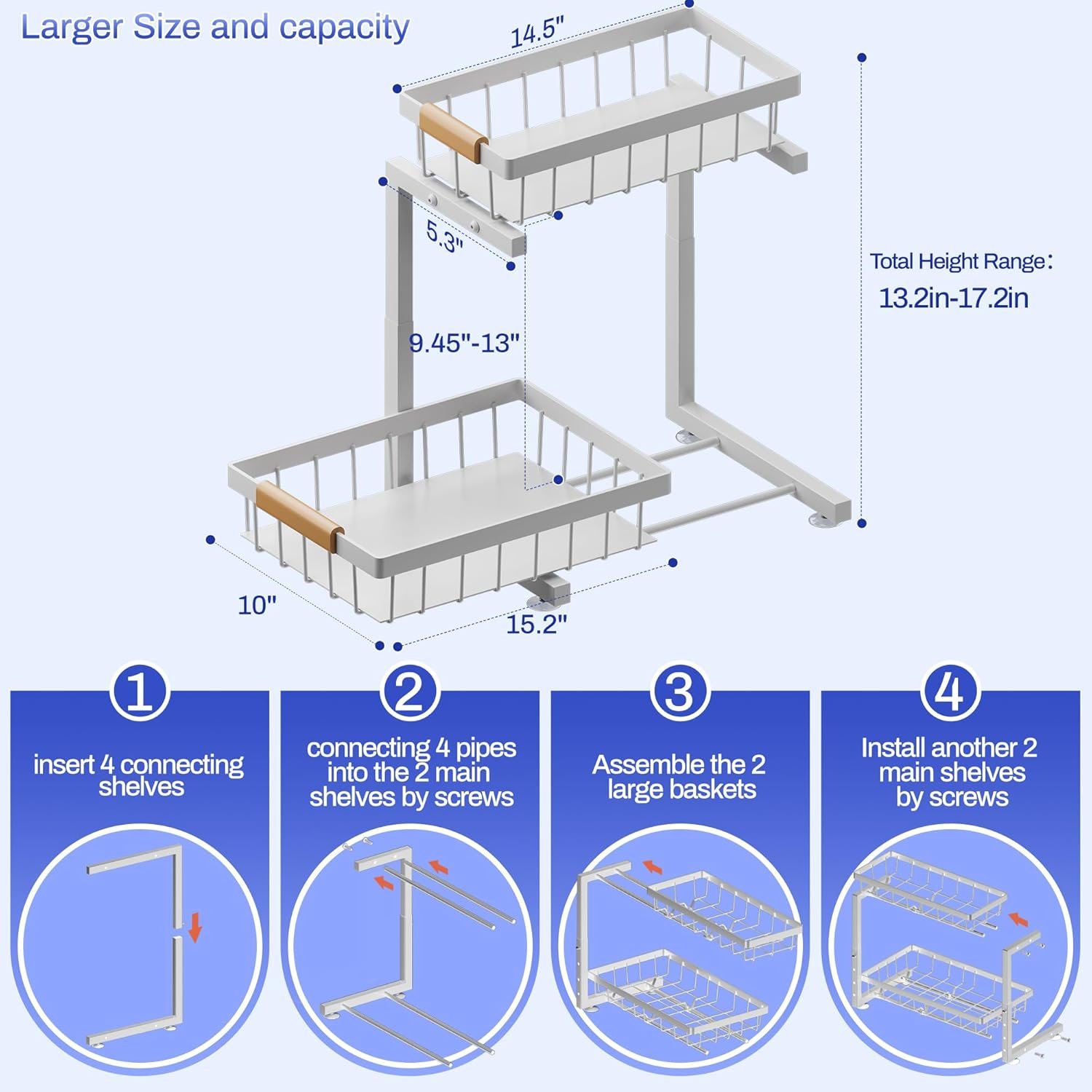 ADBIU Under Sink Organizer, 2 Pack 2 Tier Expandable Height (White, Large Size) - Image 2