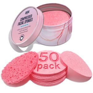 AOA Studio 50-Count Compressed Facial Sponges 100% Natural Cosmetic Spa Sponges for Facial Cleansing, Exfoliating Mask, Remove for Makeup, Dead Skin, and Dirt (50 counts, Pink)