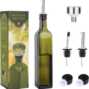 AOZITA 17oz Glass Olive Oil Bottle Dispenser - 500ml Green Oil and Vinegar Cruet with Pourers and Funnel - Olive Oil Carafe Decanter for Kitchen