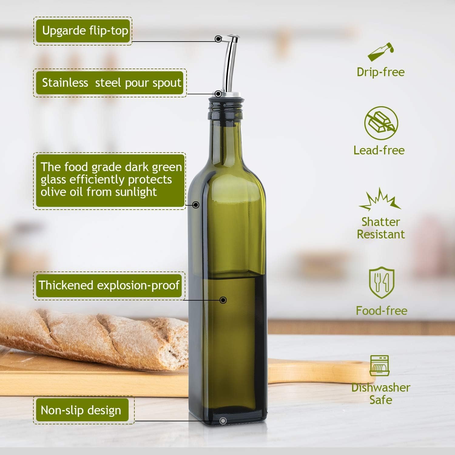 AOZITA 17oz Glass Olive Oil Bottle Dispenser - 500ml Green Oil and Vinegar Cruet with Pourers and Funnel - Olive Oil Carafe Decanter for Kitchen - Image 2
