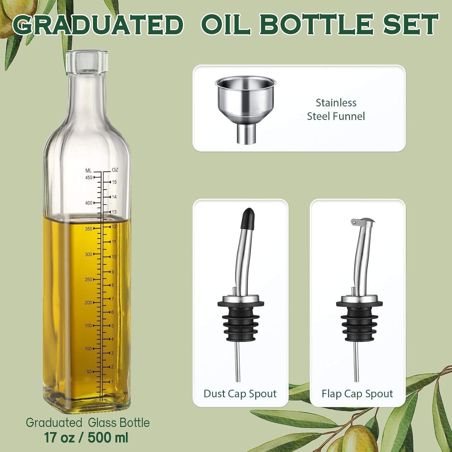 AOZITA 17oz Glass Olive Oil Dispenser Bottle - 500ml Clear -Oil & Vinegar Cruet with Pourers and Funnel - Olive Oil Carafe Decanter for Kitchen - Image 2