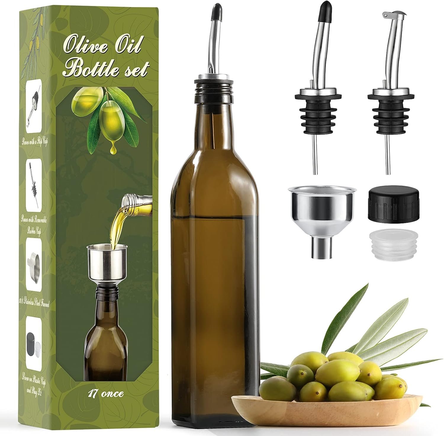 AOZITA 17oz Glass Olive Oil Dispenser - Oil and Vinegar Cruet Bottle with Stainless Steel Pourers - Funnel For Easy Refill - Olive Carafe Decanter for Kitchen