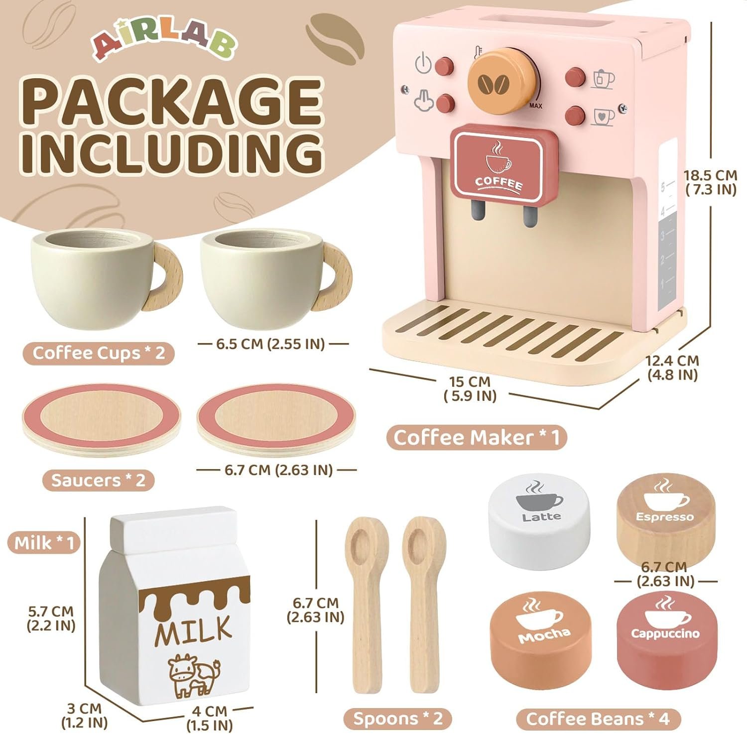 Airlab Kids Coffee Playset Toy Coffee Maker Set for Toddler Wooden Kitchen Accessories Pretend Play for Girls Boys Ages Birthday Gifts Pink - Image 2