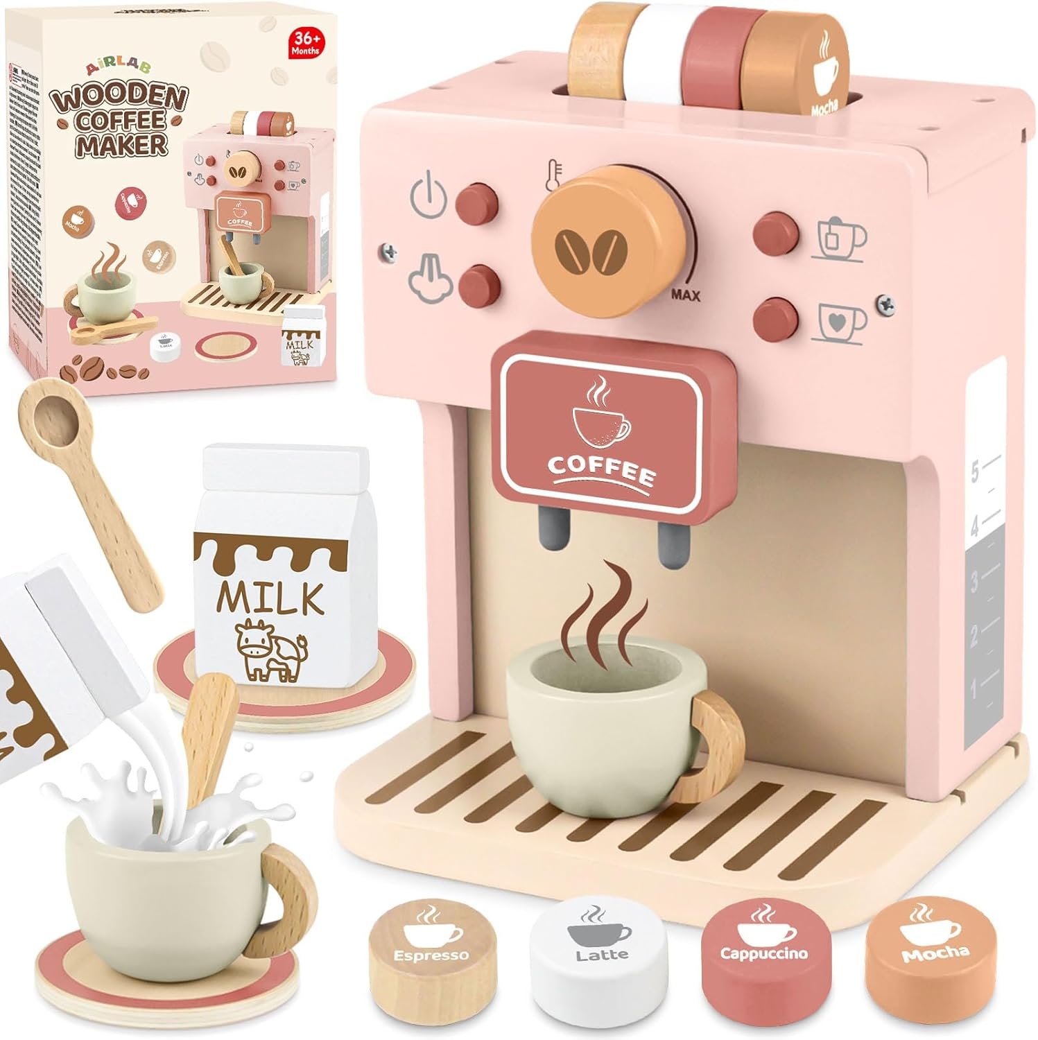 Airlab Kids Coffee Playset Toy Coffee Maker Set for Toddler Wooden Kitchen Accessories Pretend Play for Girls Boys Ages Birthday Gifts Pink