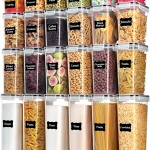 Airtight Food Storage Containers with Lids, Vtopmart 24 pcs Plastic Kitchen and Pantry Organization Canisters for Cereal, Dry Food, Flour and Sugar, BPA Free, Includes 24 Labels，Black
