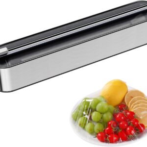 Aluminum Foil & Plastic Wrap Dispenser with Cutter - Magnetic & No-Drill Wall Mount, Stainless Steel Design, Space-Saving Kitchen organizer for Countertops & Cabinets - Fits 12" Rolls, Silver