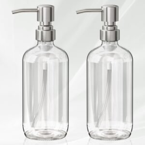 AmazerBath Soap Dispenser, 2 Pack Glass Soap Dispenser with Pump Stainless Steel, 17 Oz Hand Soap Bottles Bathroom Kitchen, Clear