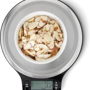 Amazon Basics Digital Kitchen Scale with LCD Display, Tare Function, Multiple Units, Weighs up to 11 Pounds, Batteries Included, Black and Stainless Steel