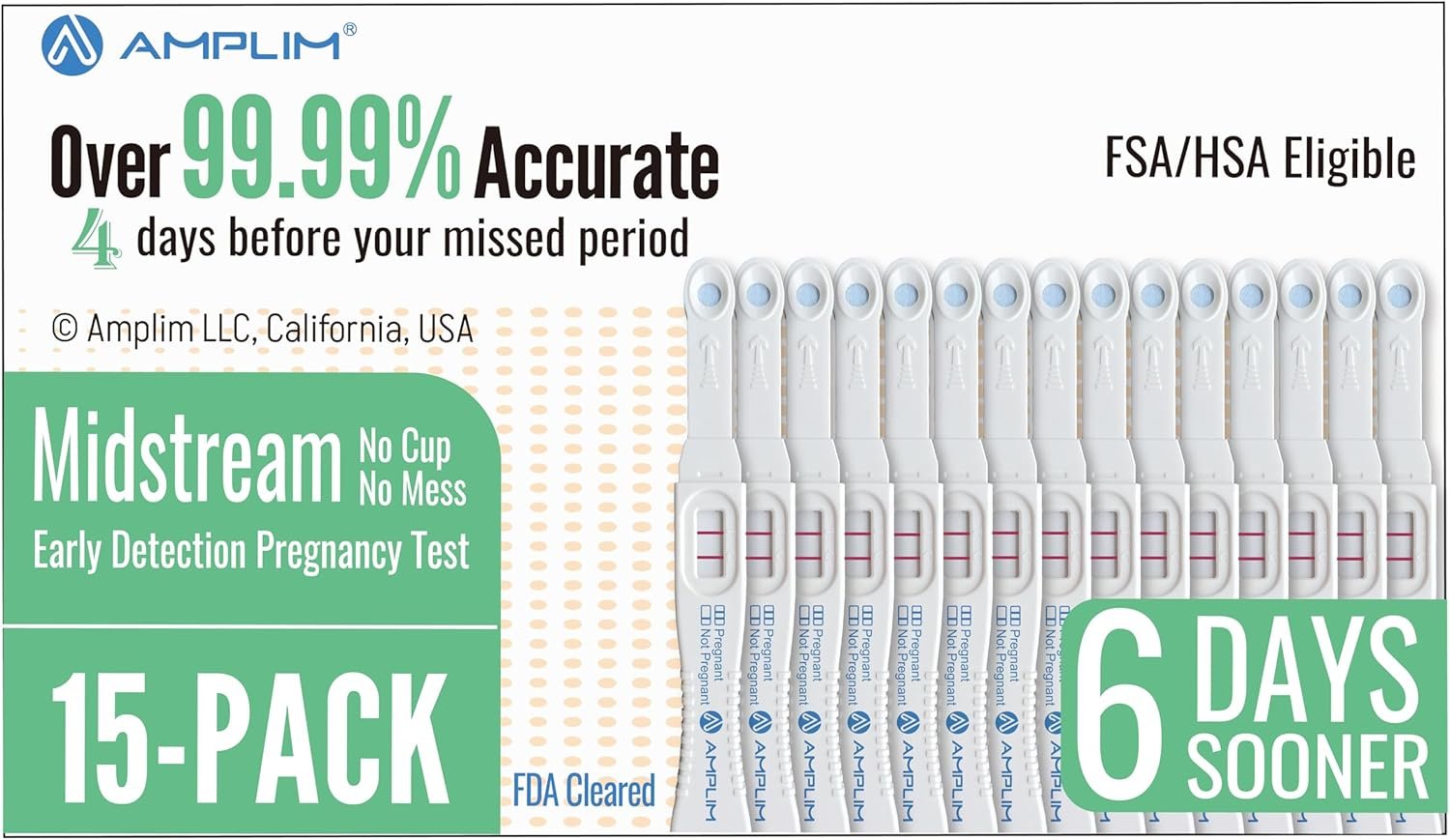 Amplim HCG Early Detection Pregnancy Test Bulk Stick 6-Days Sooner, Extra Sensitive 10 MIU/mL, Midstream 2-Sec Easy Home Tests, 99.99% Accurate Result (15 Pack)